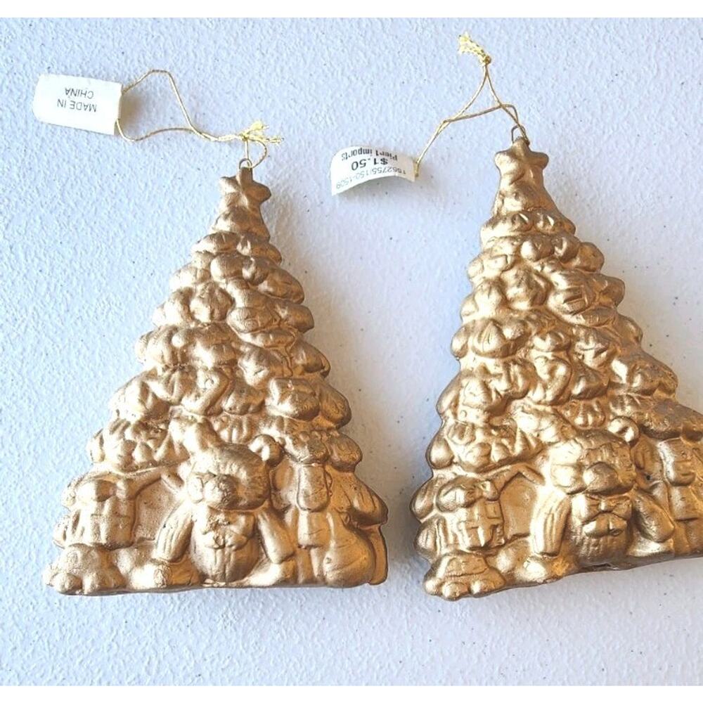 Pier 1 Imports Set Of 2 Gold Christmas Tree Ornaments With Presents Teddy Bear